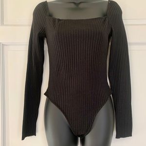 Black ribbed body suit with square neckline